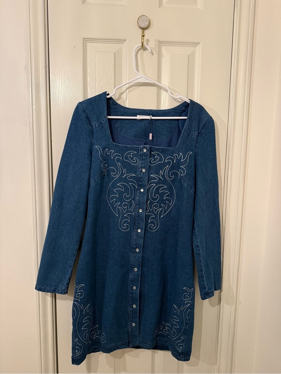 Dresses & Skirts - Embroidered Dark Blue Denim Button-Front Tunic Dress